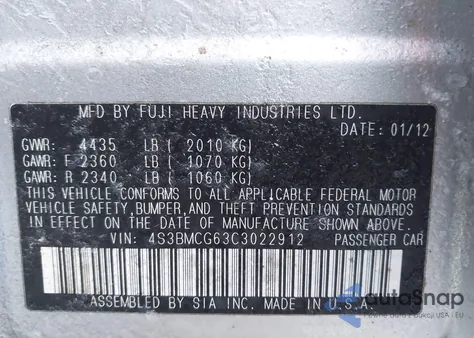 2012 Subaru Legacy 2.5I Premium z USA, uszkodzony, nr VIN 4S3BMCG63C3022912